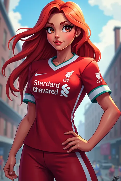 Create an image of Piper from Brawl Stars wearing the Liverpool shirt 