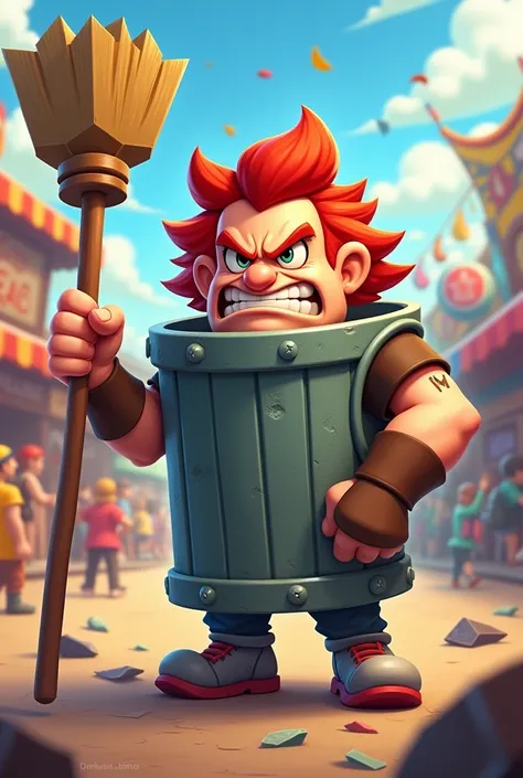 Ash from Brawl Stars holding a broom. Ash is an angry Scotsman dressed up as a trash can cleaning up peoples trash in an amusement park. 