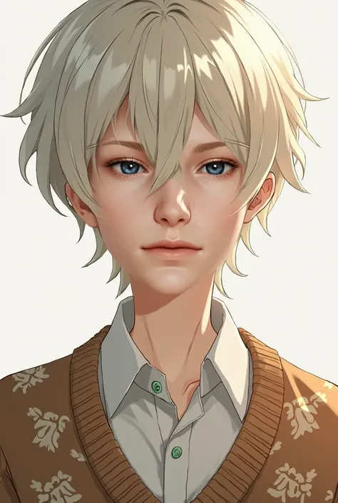 A 20-year-old boy with very light blond hair, pale skin, green eyes. He is dressed in a brown patterned sweater and a white dress shirt underneath. Anime style.