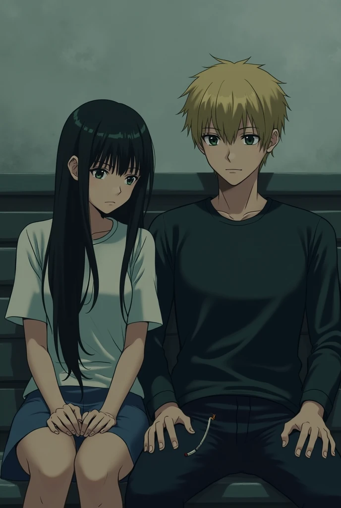 A girl with long black hair is sitting on a bench on the bench there is also a blond boy with a cigarette in his hand,the boy is on the same bench but not close the cigarette is in the boy&#39;s hand 
