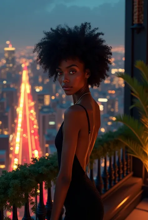 Penthouse at night, light brown woman out on balcony, light brown hair and red eyes, curly afro, city in the background, highly detailed, realistic, 4k