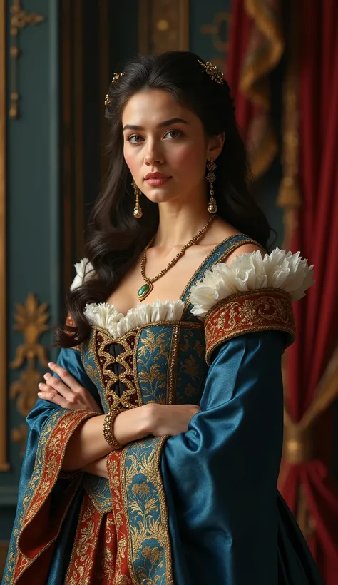 A cinematic-style portrait of a woman in Renaissance attire, with deep golden and rich blue tones to highlight her confidence and strength.