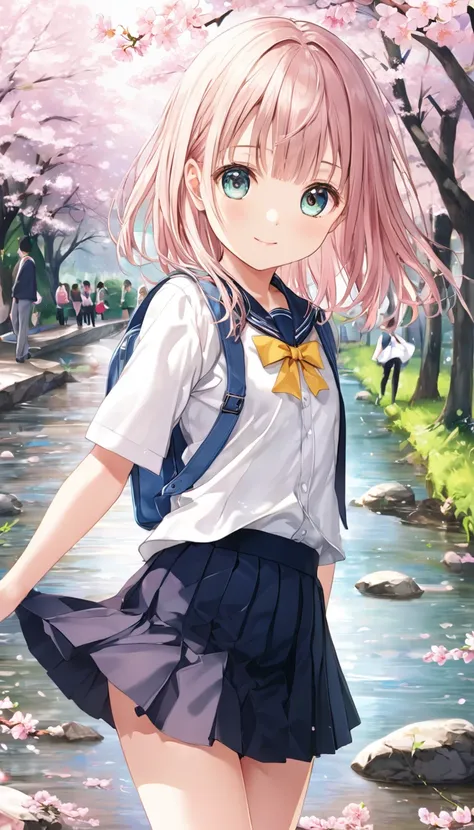 Score_9、Score_8_superior、Score_7_superior、sauce_anime、High-resolution images、Best Quality、girl、Cute Face、Beautiful Skin、Shiny Hair、Highly detailed eyes、Simple Background、Jozipan、mini skirt、Primary school students、river、cherry blossoms、とても可愛い11歳のPrimary sch...