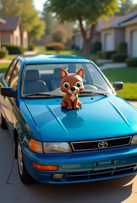 Toyota Corolla from 98 blue with a brown funko in front