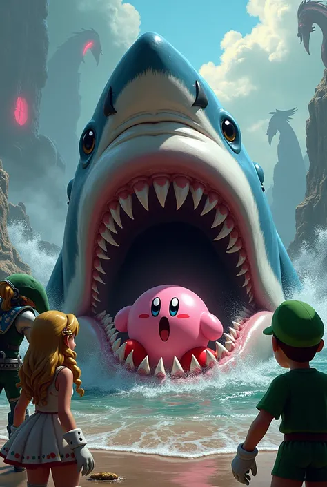 Kirby eaten by shark,Shark,Super Metroid(Samus Aran),Kirby(Kirby),The Legend of Zelda(Rinku)、Mario Brothers(Luigi)