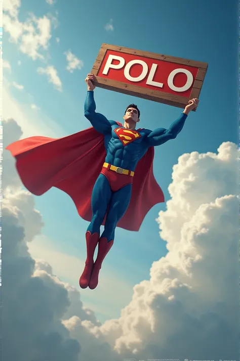 I want you to create an image of superman flying in the sky with a sign saying polo.