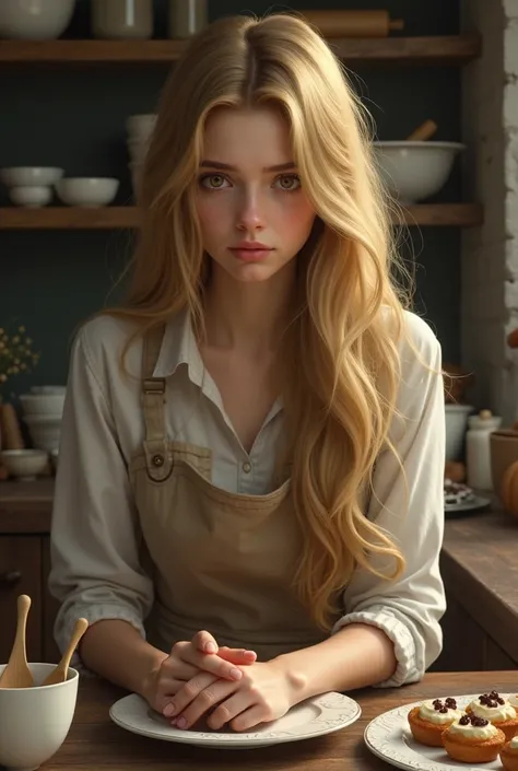 Blonde woman 3 long hair brown eyes upset and sad confectioner 