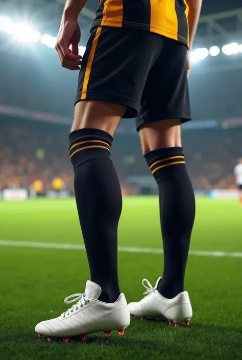 White soccer shoes with black long socks and black and yellow soccer clothing 

