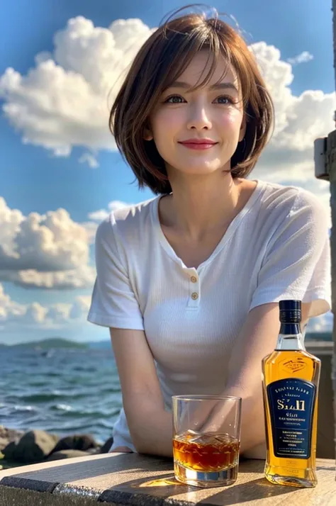 (Realistic, 超Realistic:1.4), 16K HDR, High resolution,Brown short hair,The best smile、Japanese actress,so beautiful(It looks like the real thing),Short sleeve dress,Whiskey Bottle、The Macallan、Johnnie Walker、、Old Parr、whiskey、Suntory、Nikka、Slim couple、Mode...