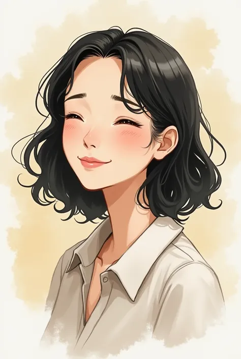 Medium Hair、Black Hair、Iris、Collared shirt、Close your eyes and smile、Fair skin、See who&#39;s watching、Watercolor、--niji 5 --style cute --ar 3:2 --s 100、50-year-old women