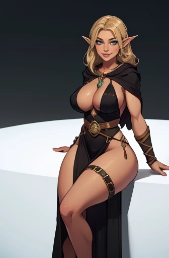 8k, HDR, motor ureal, ultra quality, left side, Frontal side, back side, sideboob big breasts Beautiful woman blonde hair , sitting cross-legged,  Long breasts, detailed, brown hair, Body,  drawing of a female elf with long blonde hair and a hood, dark fan...