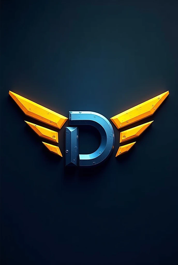 (wing logo that forms the letter D and the letter E,) ,(3D LOGO, fighter, military, yellow and blue, METAL,)
