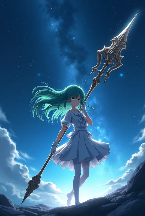 Night sky，White short-sleeved school uniform，White pleated skirt，white pantyhose，White Gloves，Green long hair anime girl，Huge Magic Spear￼