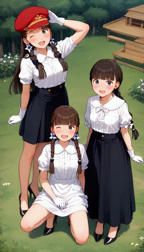 {Best Quality}, {Very beautiful},{Ultra fine},{Best illustration},Brown Hair,Hime cut,Long Hair,Braids,Standing Woman,Woman guarding,Adult women,smile,Excited face,Wink,Uniform cap,White Shirt,Short sleeve,long black skirt,White gloves,Around town,Summer F...