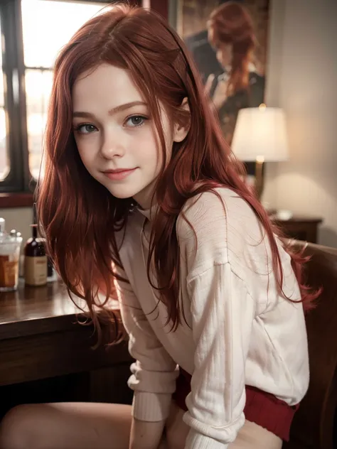 (((solo girl))) (1girl) from behind, full body shot, underneath shot, raw photo, (12yo skinny redhead girl:1.2), ((baby face)) (...