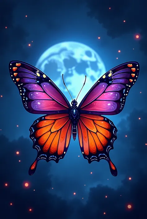 butterfly with colors PURPLE  AND ORANGE, RED, ORANGE, PURPLE SURROUNDED  BACKGROUND A MOONLIGHT NIGHT WITH DETAILED STARS OIL PAINTING. NIGHT BLUE BUTTERFLY BY NIGHT****