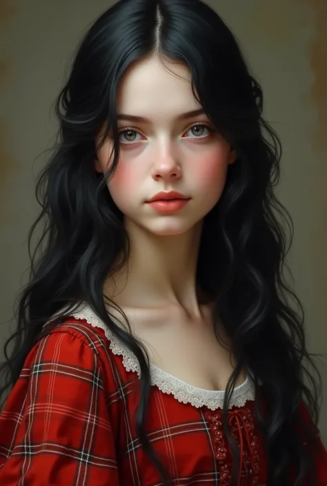 18th century Irish girl, white skin, blue eyes, long black hair wearing red tartan dress. realistic image 