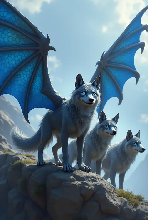 5 gray little wolfs with blue dragon wings