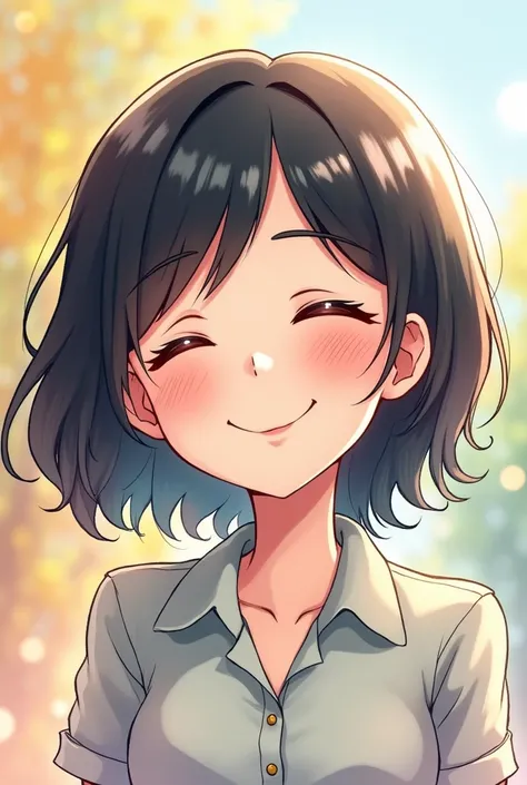 Medium Hair、Black Hair、Iris、Collared shirt、Close your eyes and smile、Fair skin、See who&#39;s watching、Watercolor、--niji 5 --style cute --ar 3:2 --s 100、Woman in her 50s、Chibi character style