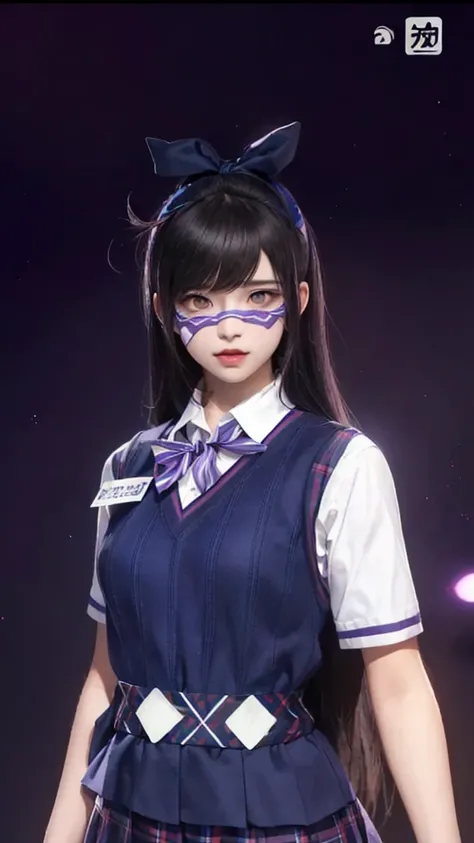 there is a woman with a purple mask and a blue dress, akane owari danganronpa, magic school uniform, magical school student uniform, chiaki nanami from danganronpa, as a character in tekken, realistic schoolgirl, cyber school girl, lunar themed attire, hyp...