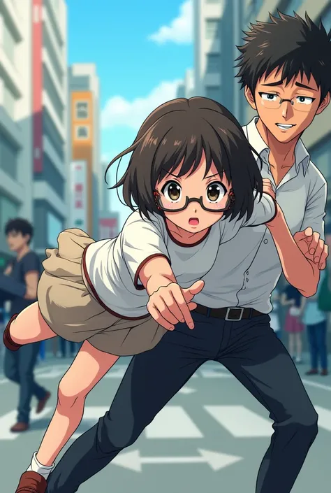 A short-haired woman wearing glasses, Japanese anime, collides with a man. The woman falls to the ground. The man holds hands.