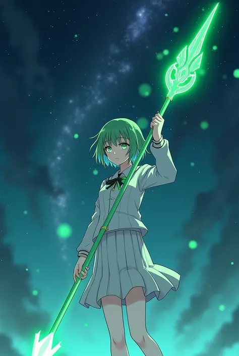 Night sky，White short-sleeved school uniform，White pleated skirt，white pantyhose，White Gloves，Green long hair anime girl，Magic Spear￼