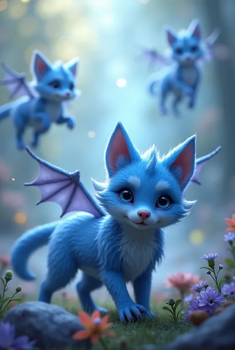 Blue little wolfs with dragon wings