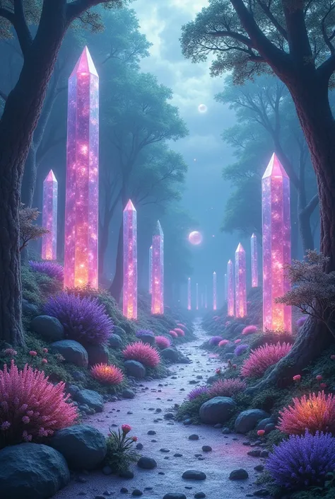 A magical forest where trees and plants are made of crystal and gemstones, glowing softly in purples, blues, and greens. The ground is a shimmering silver dust, and floating orbs of light guide the path through the mystical landscape, reflecting the sky fi...