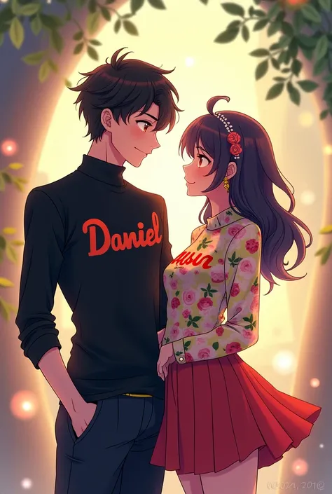 Couple character in black turtleneck shirt with name on shirt, Daniel, and in the anime themed RAYSSA blouse
