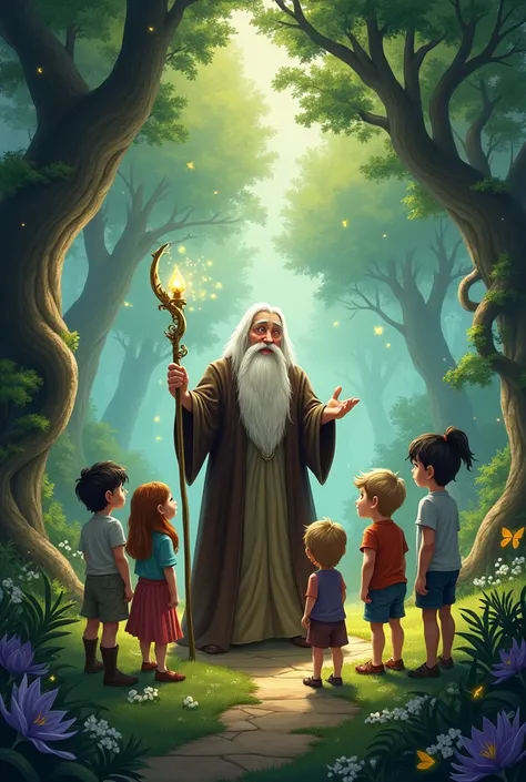 The wise magician: The meeting of the four children with the wise wizard who explains about the Enchanted Kingdom