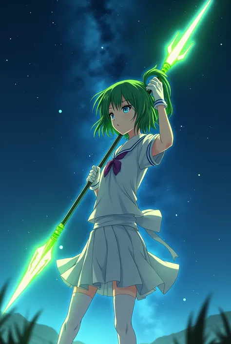 Night sky，White short-sleeved school uniform，White pleated skirt，white pantyhose，White Gloves，Green long hair anime girl，Magic Spear￼