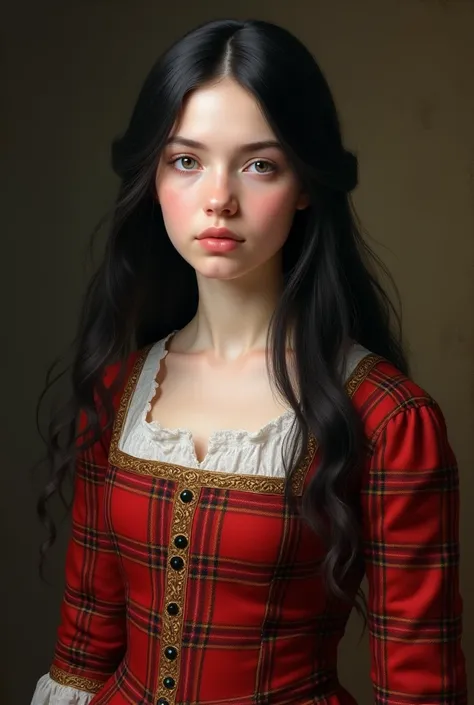 18th century Irish girl, white skin, blue eyes, long black hair wearing red tartan dress. realistic image 