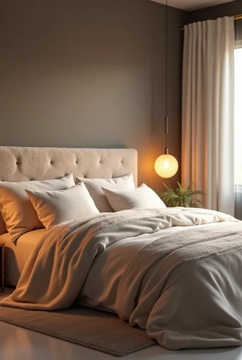 Bed with headboard and backrest made of plush fur 