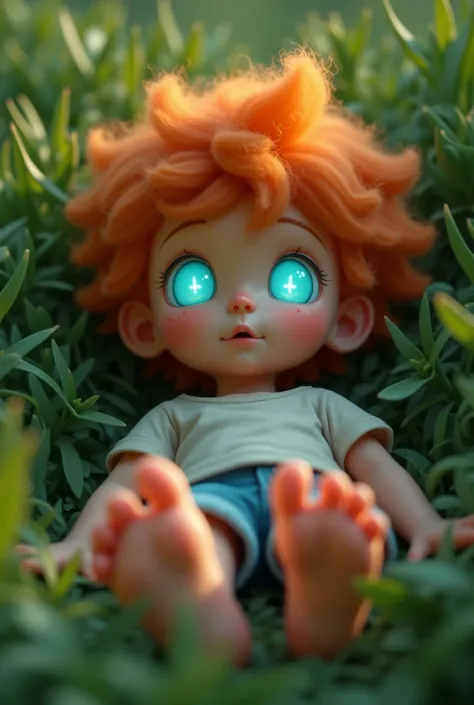 4k, (Masterpiece:1),  with orange colored hair and shiny, glowing cyan eyes and barefoot, cinematic, young, boy, child, small, toddler, tiny feet, focus on feet, feet, blushing, (Young:1.4), (Child:1.4), (Shota:1.4), (male:1.4), (boy:1.4), (cinematic:1.4),...