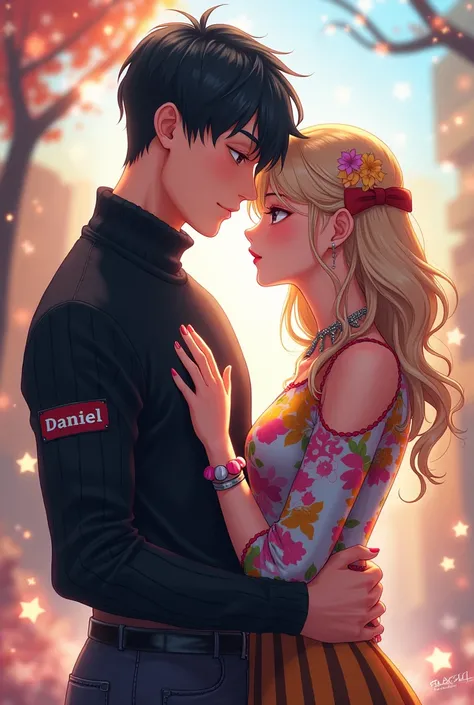 Couple character in black turtleneck shirt with name on shirt, Daniel, and in the anime themed RAYSSA blouse
