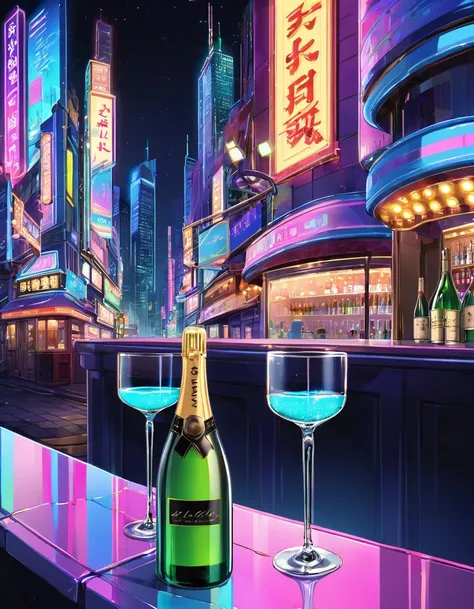 Landscape only、City neon lights and glasses of champagne