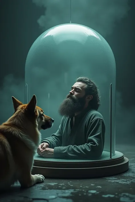 Man with beard sleeping trapped inside a glass capsule and a dog outside looking at the capsule .
