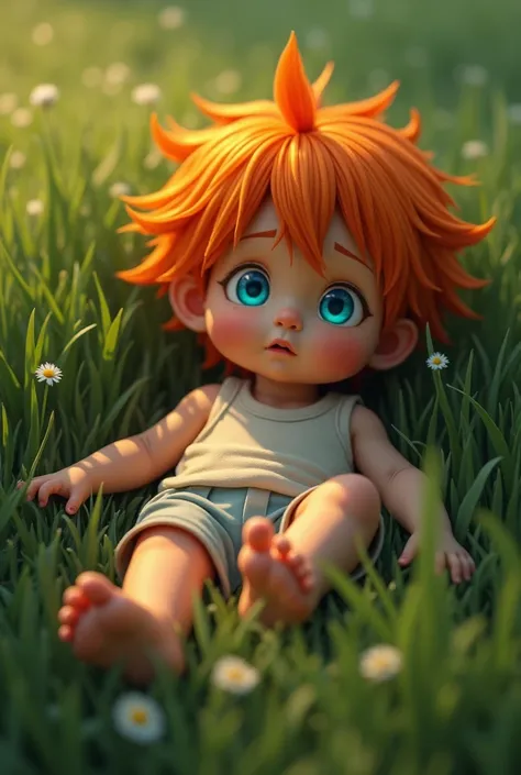 4k, (Masterpiece:1),  with orange colored hair and shiny, glowing cyan eyes and barefoot, cinematic, young, boy, child, small, toddler, tiny feet, focus on feet, feet, blushing, (Young:1.4), (Child:1.4), (Shota:1.4), (male:1.4), (boy:1.4), (cinematic:1.4),...