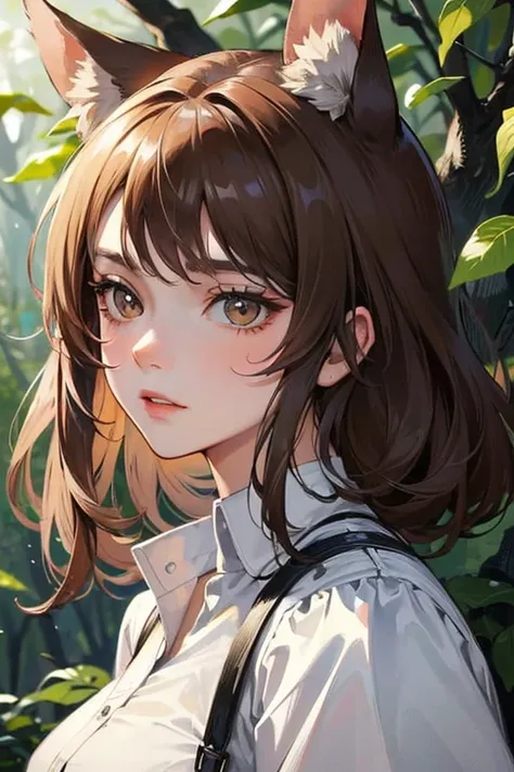 ((best quality)), ((masterpiece)), (detailed), Portrait of a mature-looking young woman, large Wolf ears, short brown hair, brown eyes, stoic expression, forest background.