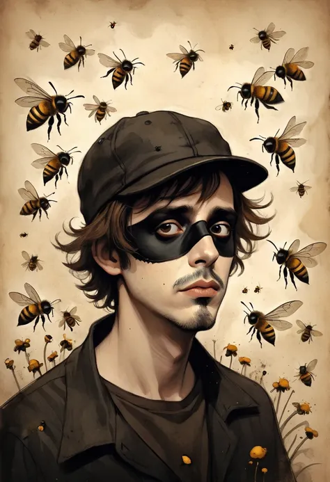 a man tim burton style, wearing a black mask, black cap, surrounded by many bees,  short brown hair, simple sketch on parchment, dark ink art, detailed facial features, dramatic lighting, gritty textures, muted color palette, moody atmosphere, high quality...