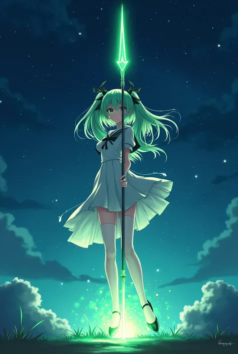 Night sky，White short-sleeved school uniform，White pleated skirt，white pantyhose，White Gloves，Green long hair anime girl，Magic Spear￼