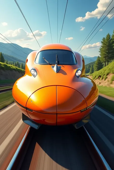 Creates an image of an orange bullet train seen from the front