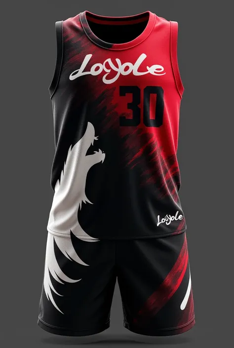 Generate a nice and original sleeveless basketball uniform with the silhouette of a wolf on the lower left side of the shirt with black, white and red colors and a red gradient on the back of the shirt that says "Loyola" with the number 30 And the short on...