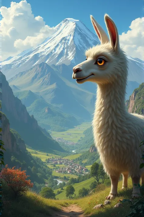 A landscape of the Andes Mountains, with a snowy volcano in the background, and in the foreground, a green valley with a small village. In the valley and a half-man being, Half llama with big eyes and a mischievous smile looks curiously towards the village