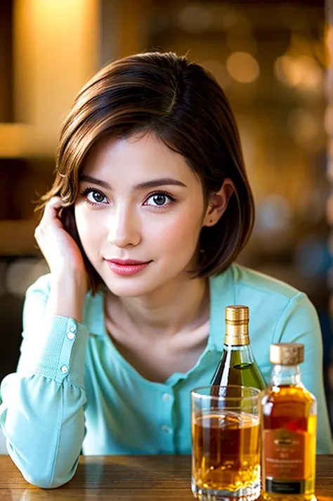 (Realistic, 超Realistic:1.4), 16K HDR, High resolution,Brown short hair,The best smile、Japanese actress,so beautiful(It looks like the real thing),Short sleeve dress,Whiskey Bottle、The Macallan、Johnnie Walker、、Old Parr、whiskey、Suntory、Nikka、Slim couple、Mode...