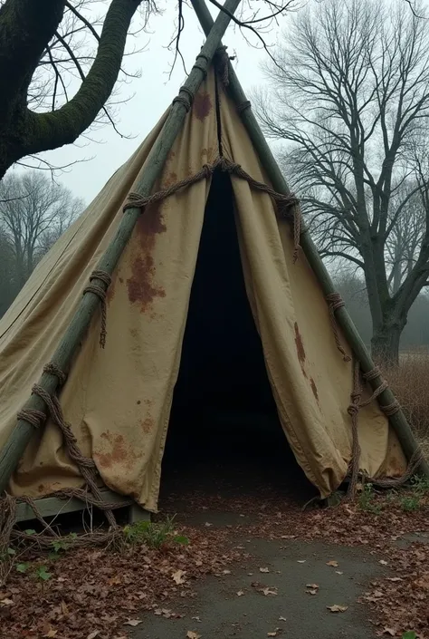 I want to create the facade part with rustic materials from a tent about the Salem witches, in 1692