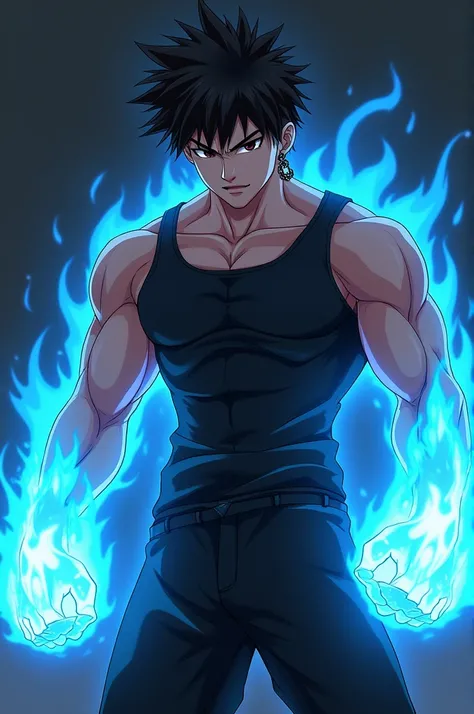 A male anime character with black hair, half muscular guy wearing a tank top and gym shorts with a nose piercing and a chain earring in his ear, with fists in blue flames 