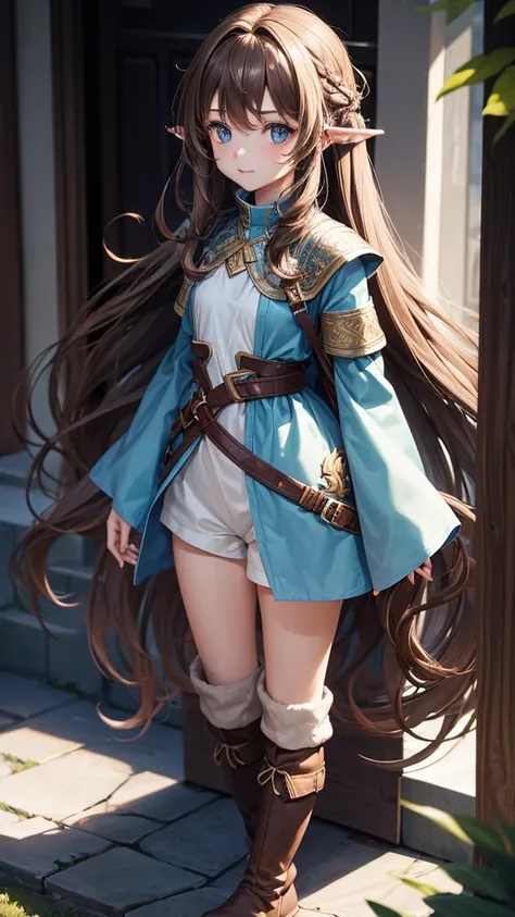 1 girl with long light brown hair with waves, blue eyes and small waist Long tunic with shorts and small boots 