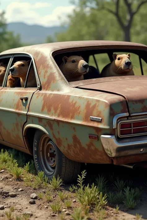 create an old black GM Opala all rusty full of capybaras inside the doors falling flat tire