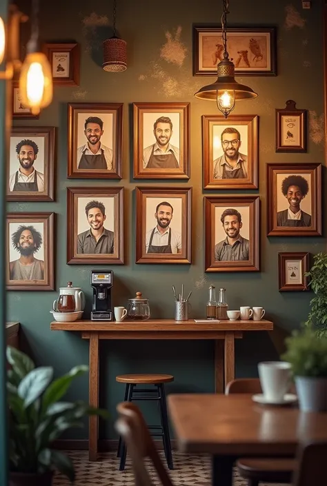 several photo frames of baristas and wall hangings, photos of smiling baristas. looks chalky,its all about coffee